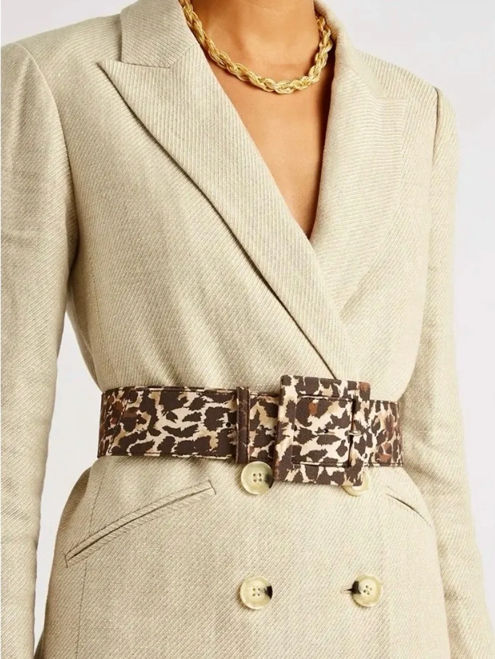 Veronica Beard Rickie Brown Animal Print Canvas Leather Statement Belt Large